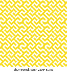 Yellow cross-stitch knitting pattern on white background. Yellow square dots on white backdrop. Monochrome fabric pattern design for sale. Knitting handicraft art.