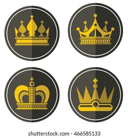 Yellow crown icons on color background. Labels of golden crowns in circle. Vector illustration