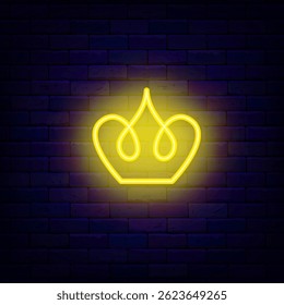 Yellow crown neon icon. King and queen headwear. Rich and luxury concept. Royal design. Vector stock illustration