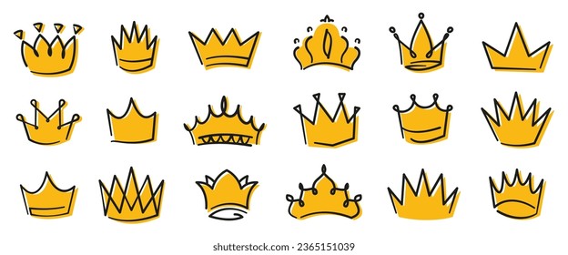 Yellow crown sketch. Medieval royal diadem, graffiti royalty crown and princess tiara. Hand drawn doodle luxury monarch logo vector set of medieval crown queen illustration