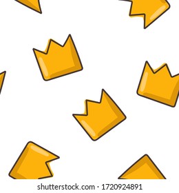 Yellow crowns on an isolated background. Seamless pattern for children on a white background. Three-dimensional crowns of the king, with a brown outline. Scandinavian style. Children's clothes. Vector