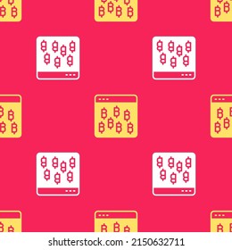 Yellow Cryptocurrency coin Bitcoin icon isolated seamless pattern on red background. Physical bit coin. Blockchain based secure crypto currency.  Vector