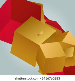 Yellow Cube Flying Isolated Vector Grey Background. Gold and Red Confetti Falling Volume Wallpaper. Orange Block Creative Design. Fashion Element Realistic Banner.