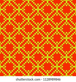 Yellow cubes lined with patterns on red background, seamless pattern
