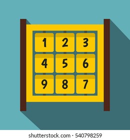 Yellow cubes with numbers on playground icon. Flat illustration of yellow cubes with numbers on playground vector icon for web isolated on baby blue background
