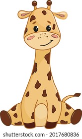 yellow cuddly baby giraffe sitting and smiling