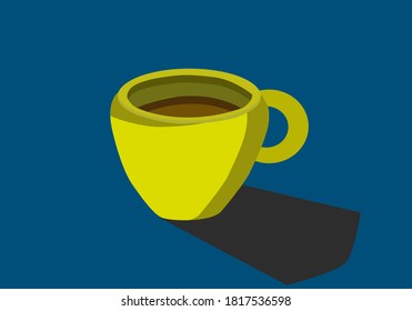 
A yellow cup with a coffee-like filling in the cup and a shadow