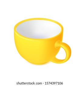 Yellow cup with a handle, empty tureen for liquid food, ceramic dishes, kitchen utensils. Vector.