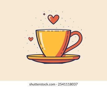 Yellow cup with a heart on it sits on a saucer. The cup is filled with coffee and the saucer is empty