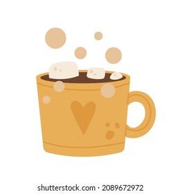 Yellow cup of hot chocolate cup with marshmallows with heart ornament. Warm, winter drink. Vector illustration in cartoon style. Isolated on white background.