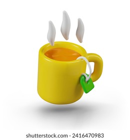 Yellow cup with hot drink and thread tea label. Concept of warming, healing drink. Isolated vector image in 3D style. Green steaming tea, herbal drink