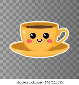 Yellow cup of kawaii coffee on a transporent background