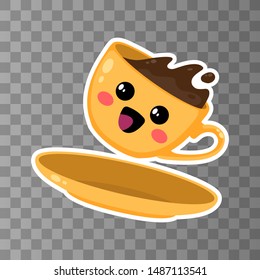 Yellow cup of kawaii coffee on a transporent background