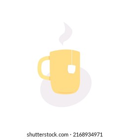 Yellow cup and label from tea bag that hanging from the cup. Cloud of steam from hot drink raising above the cup. Background in ellipse shape . Flat vector illustration.