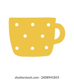 Yellow cup mug isolated vector icon. Single object clipart mug with handle. Flat colored design. Cup of coffee, tea, hot drink, cacao. Cute design element.