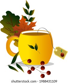 Yellow cup surrounded by autumn leaves and berries. Vector illustration. For creating decor in the interior, printing prints, cards, invitations, banners and other designs.