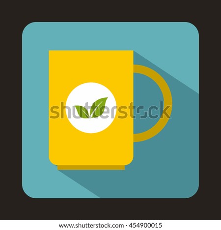 Yellow cup of tea icon in flat style on a baby blue background