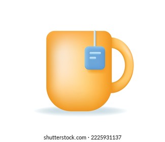 Yellow Cup of tea icon isolated on white background. Mug with tea bag. Tea time, breakfast concept. 3d vector illustration.