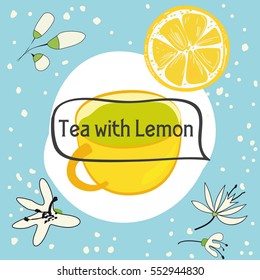 Yellow cup of tea on the bare background. Tea with lemon