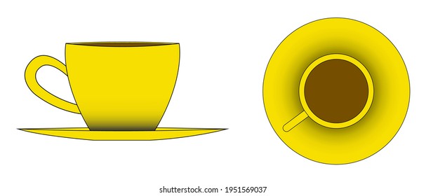 Yellow cup in two angles, cups with coffee and tea, tableware for icon design, menu, restaurant, food, presentation, banner, flyer.