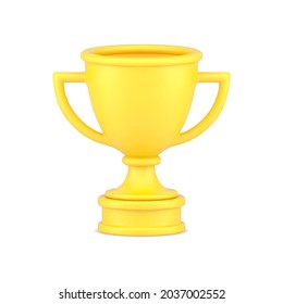 Yellow cup winner 3d icon. Main prize for successful champion. Bowl with two handles on stand. Award trophy for best competitor. Celebration ceremony for main finalists of competition. Isolated vector