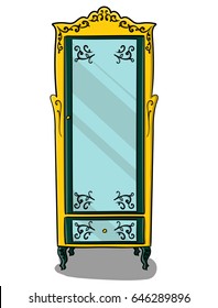 A yellow cupboard with dark turquoise details and a mirror in two doors eps 10 illustration