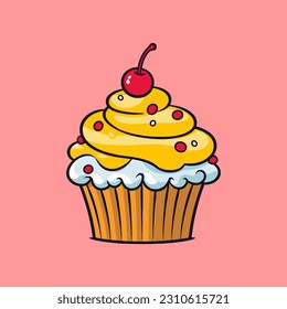 Pastel amarillo con cereza encima. Ilustración vectorial en un sencillo estilo plano sobre fondo rosa