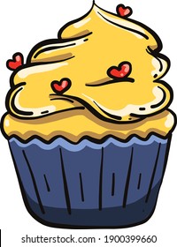 Yellow cupcake with hearts, illustration, vector on a white background.