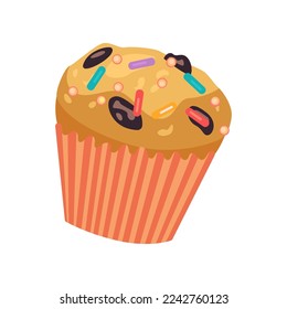 Yellow cupcake or muffin vector illustration. Drawing of little cake with sprinkles isolated on white background. Holiday, dessert, decoration concept