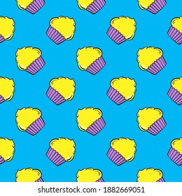 Pastel amarillo, patrón sin costura sobre fondo azul.
