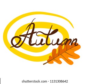yellow curl with oak leaf and lettering AUTUMN
