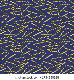 Yellow curly line art seamless pattern on deep blue background. Memphis endless fabric for wallpaper. Wave repeat texture for wrapping and textile.