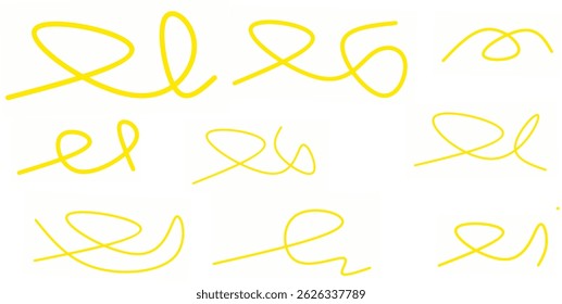 yellow curly squiggly lines collection. yellow squiggly lines collection. Swoosh, swash underline stroke set. Abstract yellow wavy thin lines. Scribble elements.