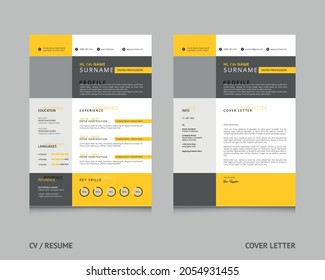 Yellow curriculum vitae design resume template with cover letter