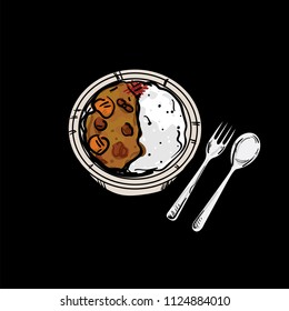 Yellow curry japanese food graphic object top view