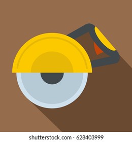 Yellow cut off machine icon. Flat illustration of yellow cut off machine vector icon for web on coffee background