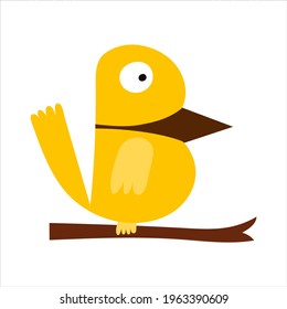 Yellow cute bird isolated on white background. Vector illustration.