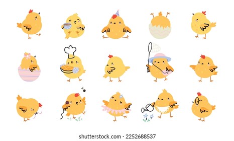 Yellow cute cartoon easter chicken. Chick newborn, spring chickens birds play, eat earthworm and sing. Isolated little birds nowaday vector clipart