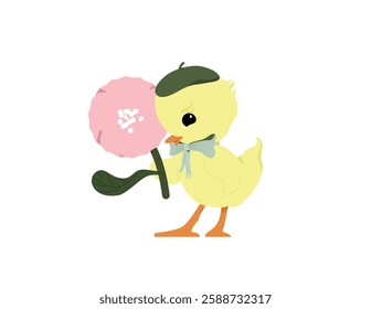 Yellow cute chick. A charming gentle sweet character with a flower. Vector flat illustration isolated on white background.