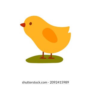 Yellow cute chicken. Animal standing on lawn. Charming Stickers and badges for childrens. Farming, wildlife, fauna, agriculture. Cartoon flat vector illustration isolated on white background