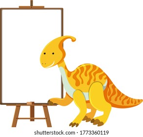 Yellow cute dinosaur with blank banner isolated on white background illustration