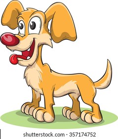 Yellow cute dog with tongue hanging out stand on the green grass, vector illustration for children isolated on white