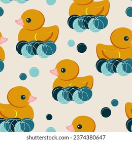 A yellow cute duckling floats on the sea waves forming a seamless pattern. Holiday National Rubber Duck Day. Vector.