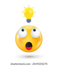 Yellow cute emoji face with lightbulb. Inspiration concept. 3d vector illustration 