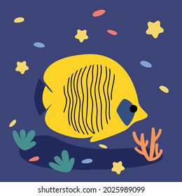 Yellow cute exotic fish swims in the aquarium.  A striped fish on the seabed hides in corals.  Fish poster, education for children.  Vector illustration