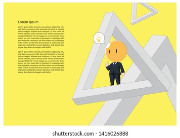 Caricatura amarilla linda plana cómica creativa bombilla de luz con trajes negros se ponen ideas pensantes y se paran en un lugar imposible del triángulo de Penrose porque la creatividad es un milagro. Lorem Ipsum , vector