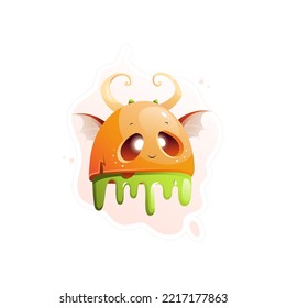 Yellow cute flying monster with glowing eyes and green slime - Vector Illustration