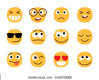 Yellow cute and fun emoticons faces. Smiles or smiling person signs, emoji portraits isolated on white background, ball face emoticon characters, vector illustration