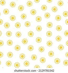 Yellow cute and funny sun seamless pattern background with doodles hand drawn style. Modern, childish and festive sunny wallpaper for print, wrapping paper. Sun drawing, sunrise and nature backdrop.