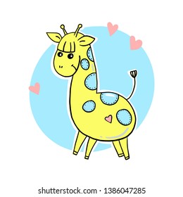 Yellow cute giraffe on the light blue background.  Children print for clothes, textiles, posters.